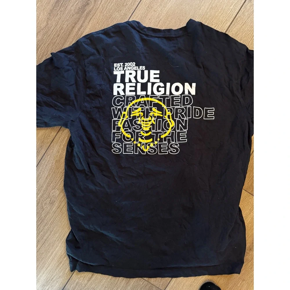 True Religion Mens XL Black Yellow Buddha Logo Graphic Crewneck T-Shirt
